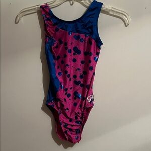 Women’s size xs- Sleeveless tank-style leotard,  blue & pink fabric. GK elite